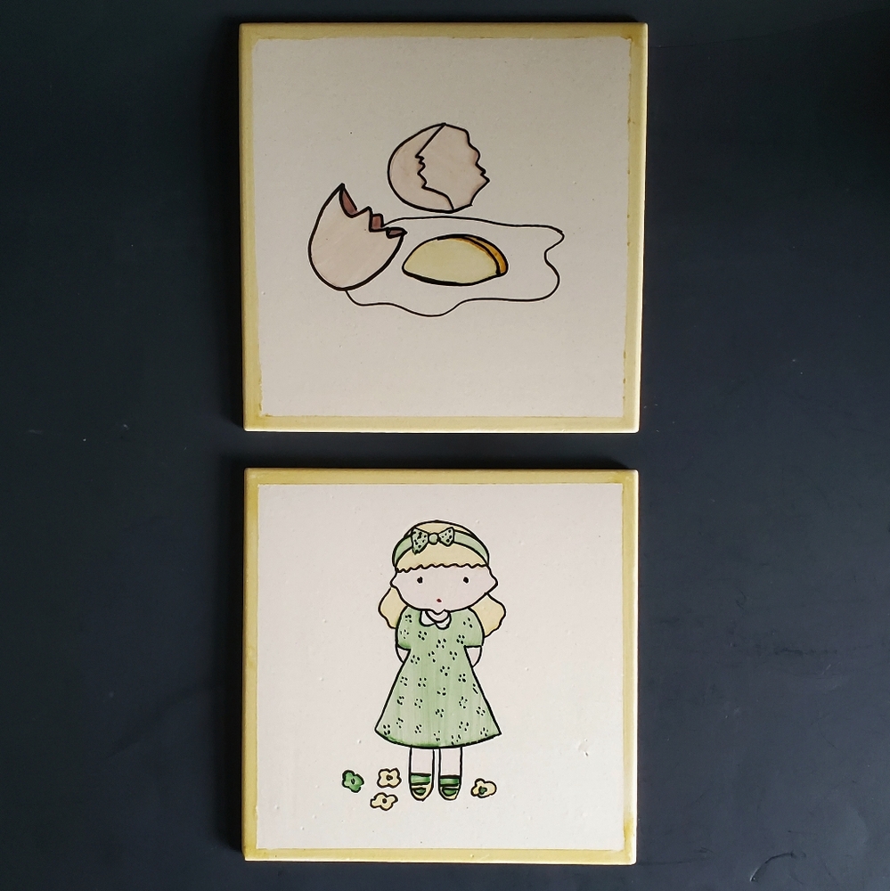 2 Portuguese Tile Trivet Pot Rests Vtg 70s Minimalist Pop Art Cartoon Gr…